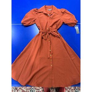 Sharagano Womens Arabian Spice Puff Sleeve Button-Down Midi Dress With Belt Size